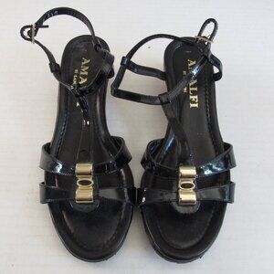 Amalfi Black T Strap Gold Animal Print Cork Wedge Heeled Sandal Size 5 1/2 M